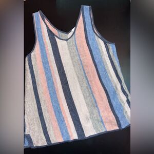 ECRU Striped 100% Linen V-Neck SleevelessTop Size Large EUC
